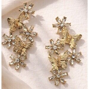 Vintage Gold Butterfly Flower Rhinestone Statement Earrings Floral Drop Dangle